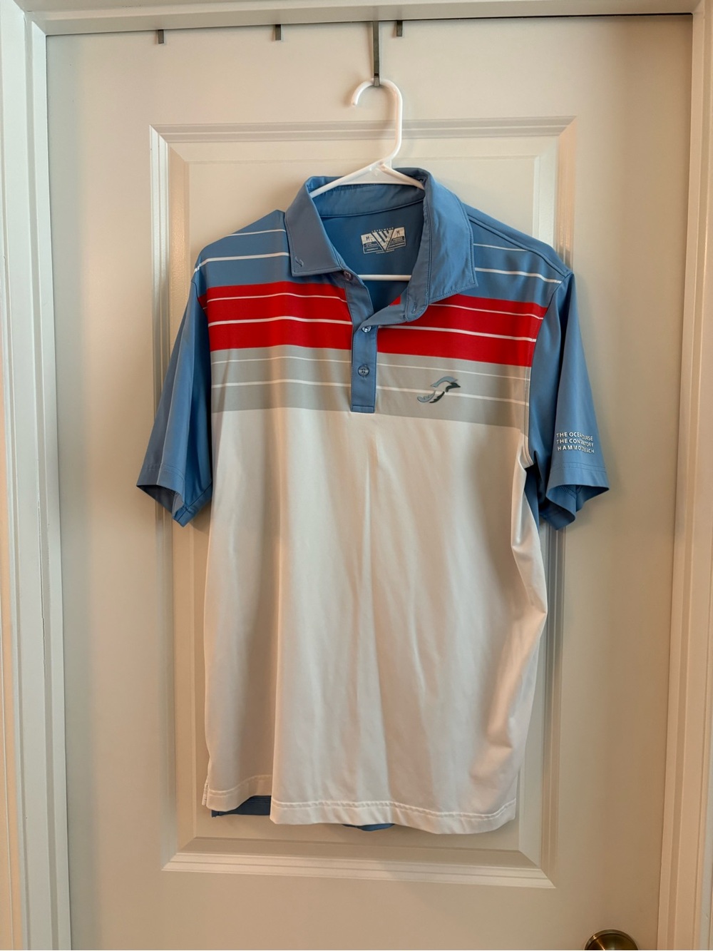 Levelwear Men's Striped Performance Polo in Light Blue, White & Red